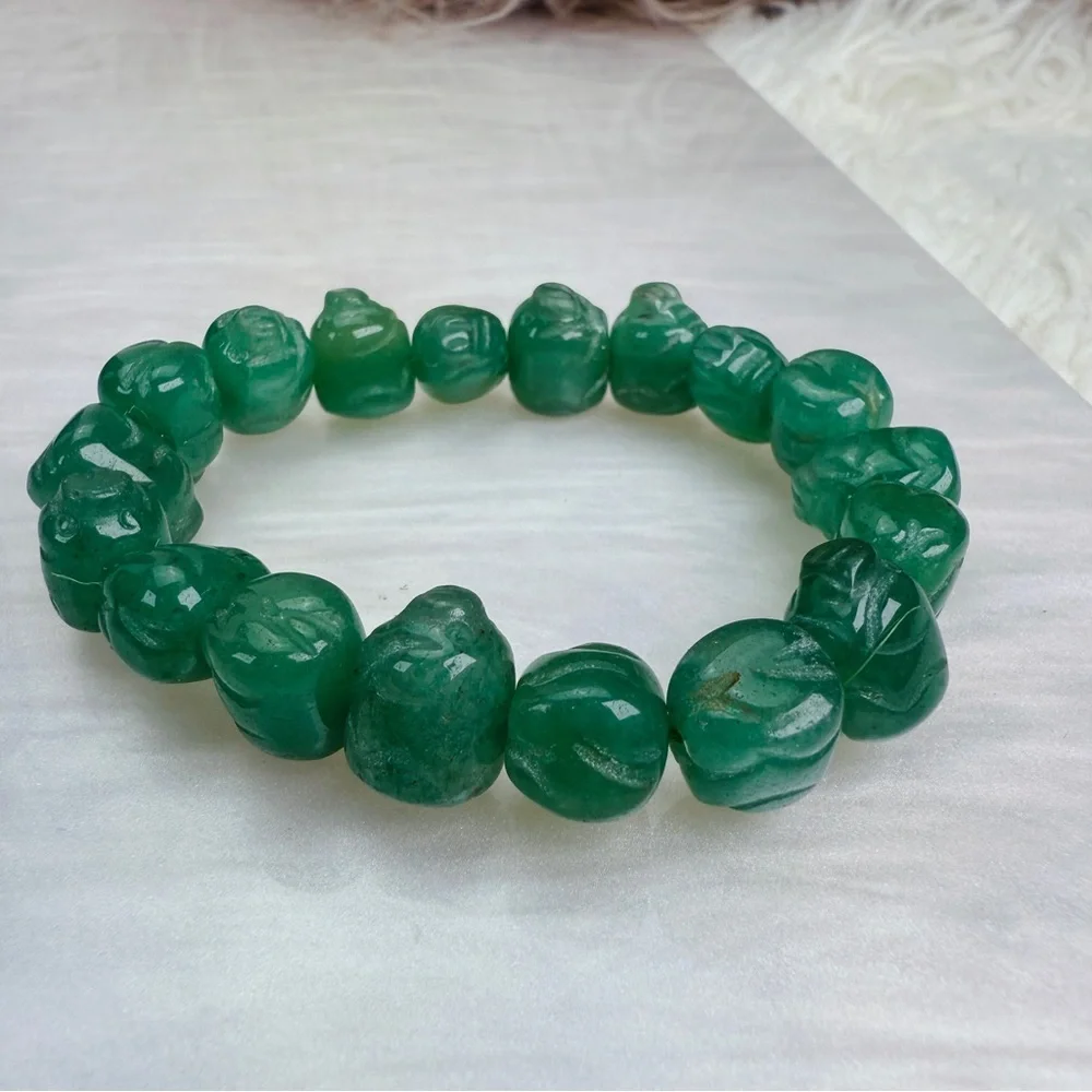 Vintage Hand Carved Green Stone Stretch Weighted  Bracelet